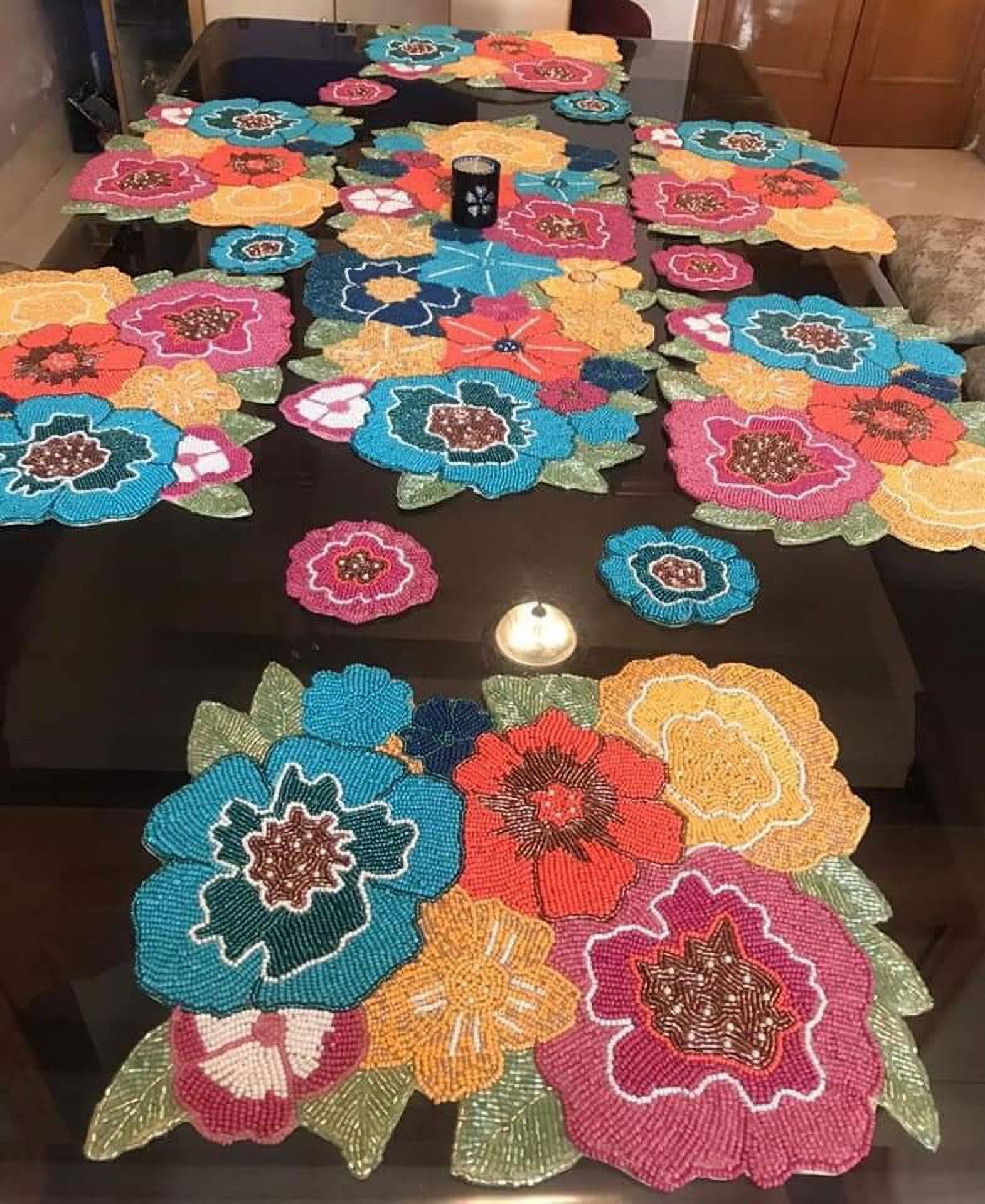 Set Of 13 Pieces Multicolor Table Runner And Placemats Sets With Coaster Handmade beaded Dining Set Luxury Floral Tableware